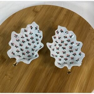 2 Vintage Lefton Christmas Holly & Berries Leaf Mint Nut Trinket Holiday Dish